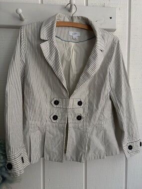 LOFT Striped Peplum Double-Breasted Blazer in Cream and Gray